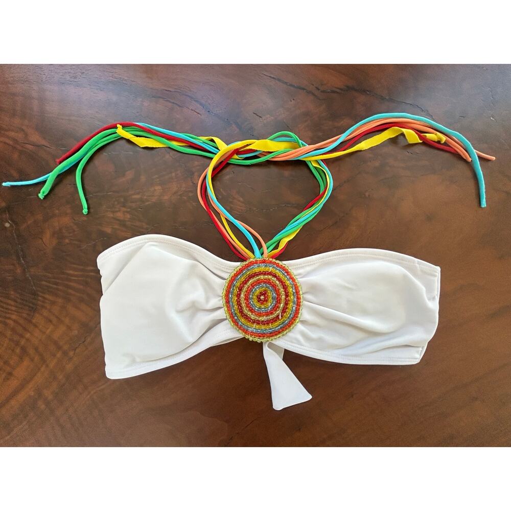 Maria Del Carmen Colombia White Bandeau Colorful Beaded Bikini Top M